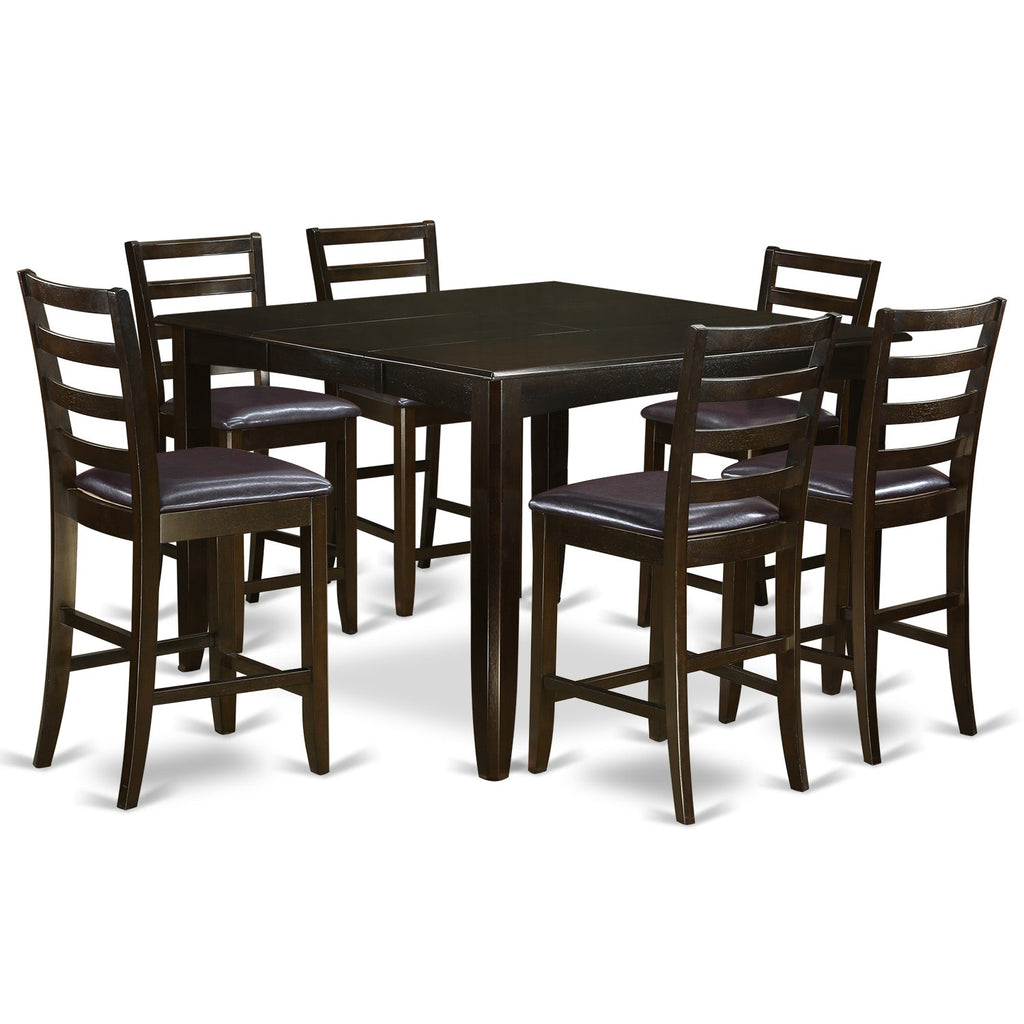 East West Furniture FAIR7-CAP-LC 7 Piece Counter Height Dining Table Set Consist of a Square Wooden Table with Pedestal and 6 Faux Leather Kitchen Dining Chairs