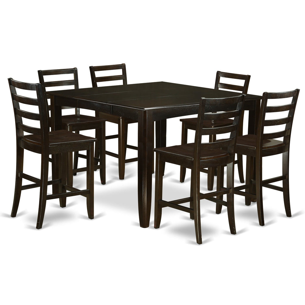 East West Furniture FAIR7-CAP-W 7 Piece Kitchen Counter Set Consist of a Square Dining Table with Pedestal and 6 Dining Room Chairs, 54x54 Inch, Cappuccino