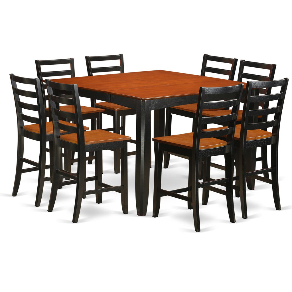 East West Furniture FAIR9-BLK-W 9 Piece Counter Height Dining Set Includes a Square Kitchen Table with Pedestal and 8 Dining Room Chairs