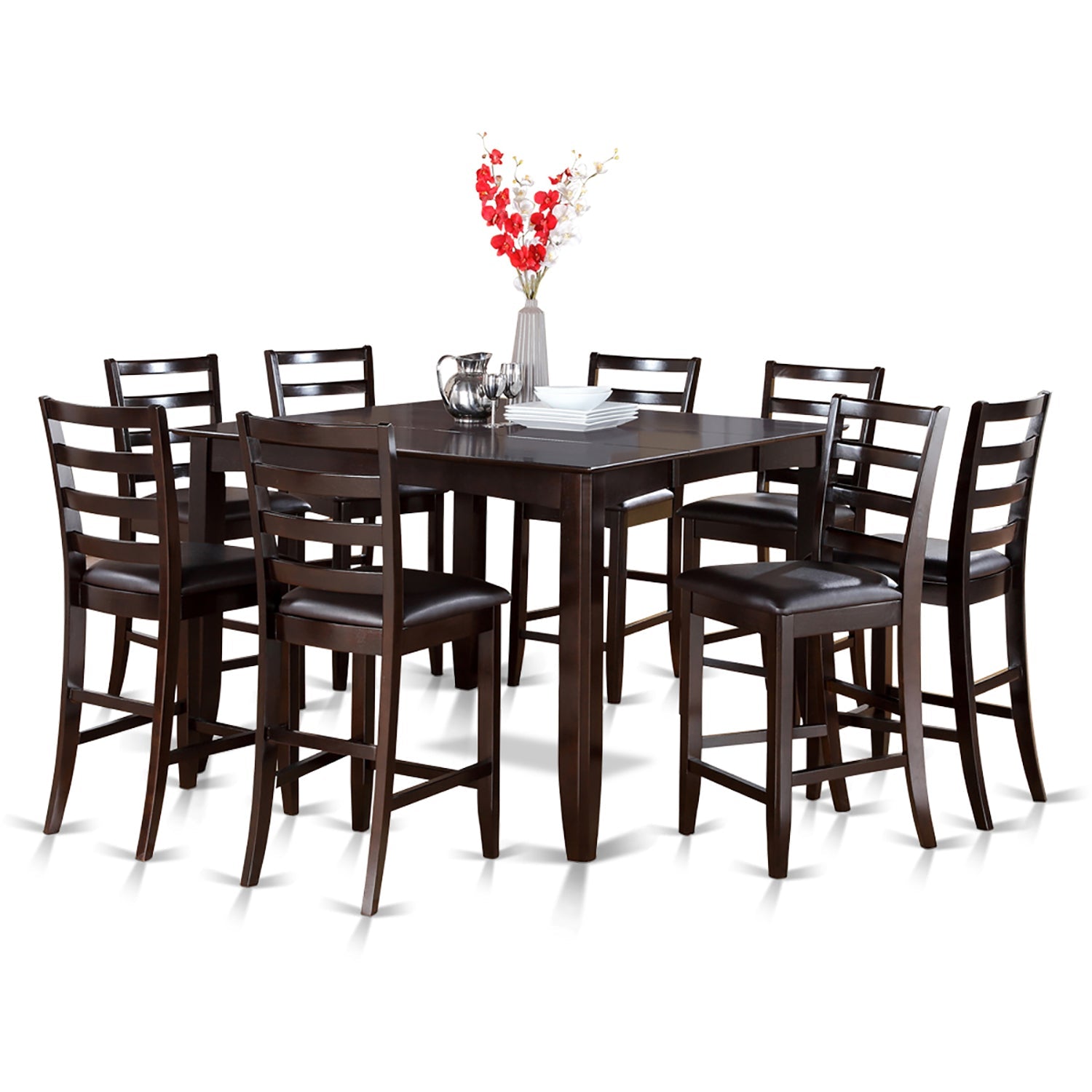 Juego de comedor de 9 piezas con altura de mostrador FAIR9-CAP-LC de East West Furniture. Incluye una mesa de cocina cuadrada con pedestal y 8 sillas de comedor de cuero sintético.