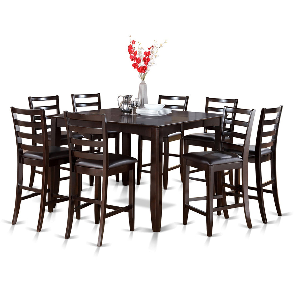 East West Furniture FAIR9-CAP-LC 9 Piece Counter Height Dining Set Includes a Square Kitchen Table with Pedestal and 8 Faux Leather Dining Room Chairs