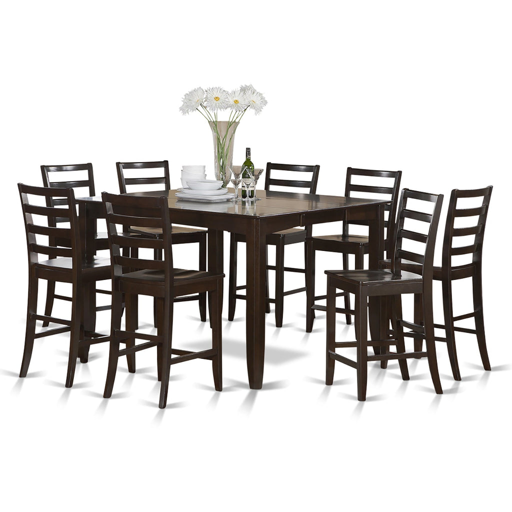 East West Furniture FAIR9-CAP-W 9 Piece Counter Height Pub Set Includes a Square Dining Table with Pedestal and 8 Kitchen Dining Chairs
