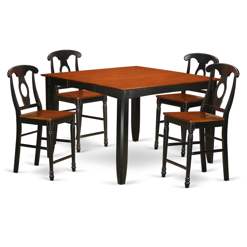 Juego de comedor de 5 piezas East West Furniture FAKE5H-BLK-W con altura de mostrador. Incluye una mesa de cocina cuadrada con pedestal y 4 sillas de comedor.