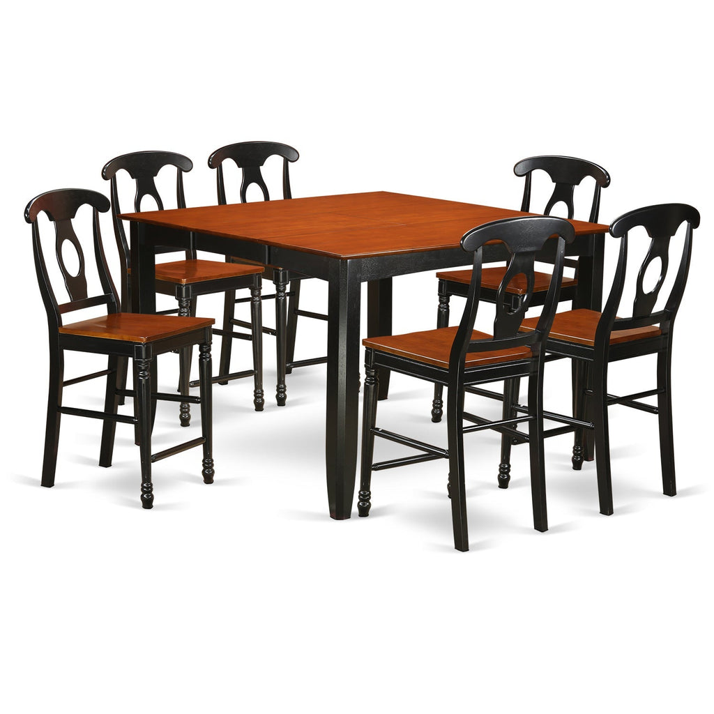 East West Furniture FAKE7H-BLK-W 7 Piece Counter Height Dining Set Consist of a Square Kitchen Table with Pedestal and 6 Dining Chairs