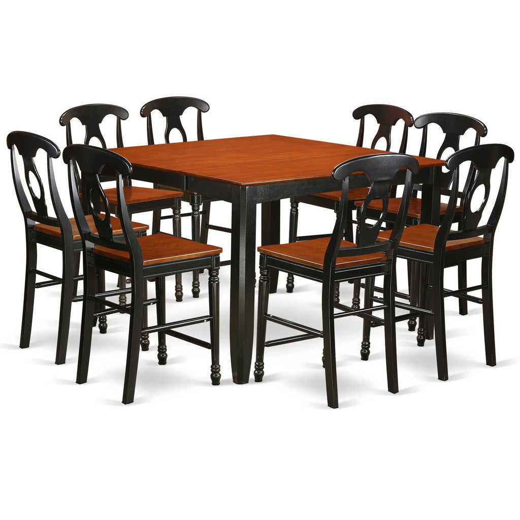 Juego de mesa de comedor de 9 piezas East West Furniture FAKE9H-BLK-W con altura de mostrador. Incluye una mesa de cocina cuadrada con pedestal y 8 sillas de comedor.