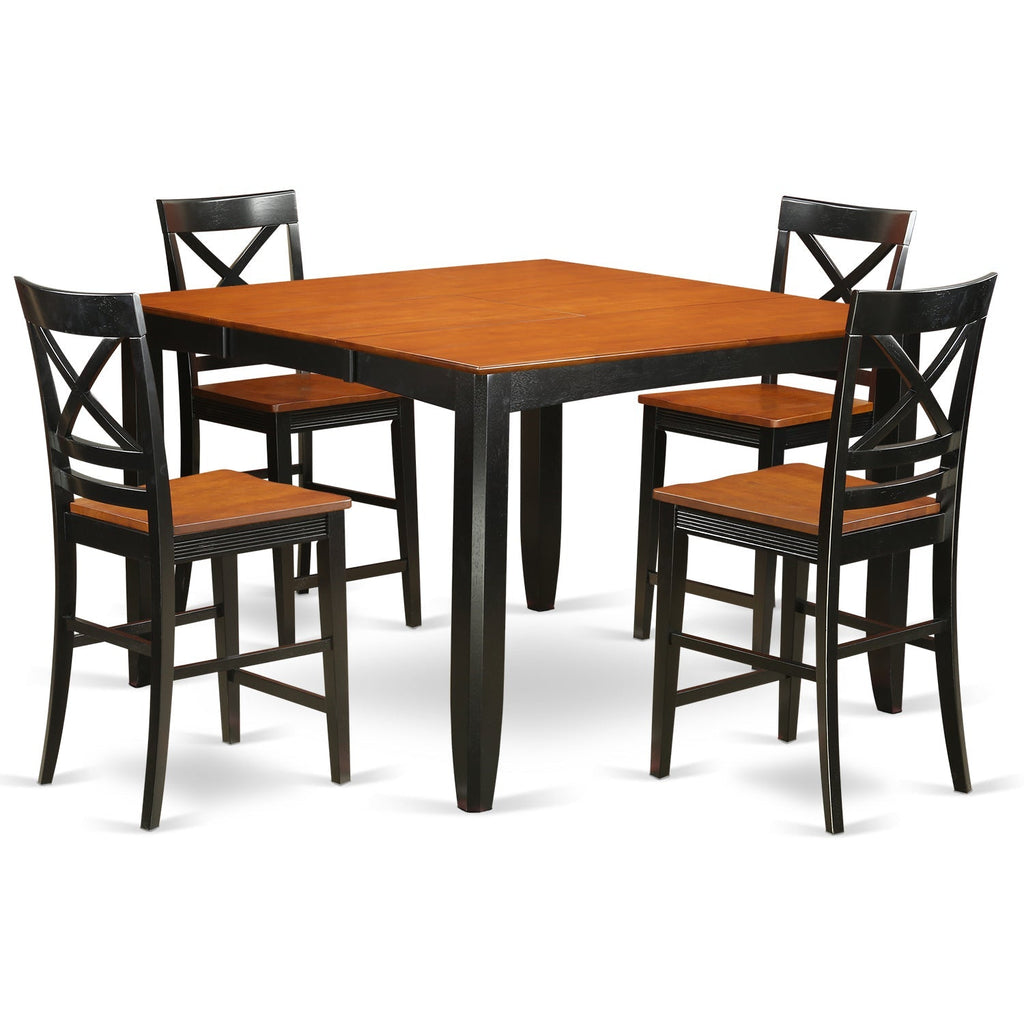 East West Furniture FAQU5H-BLK-W 5 Piece Counter Height Pub Set Includes a Square Dining Table with Pedestal and 4 Kitchen Dining Chairs