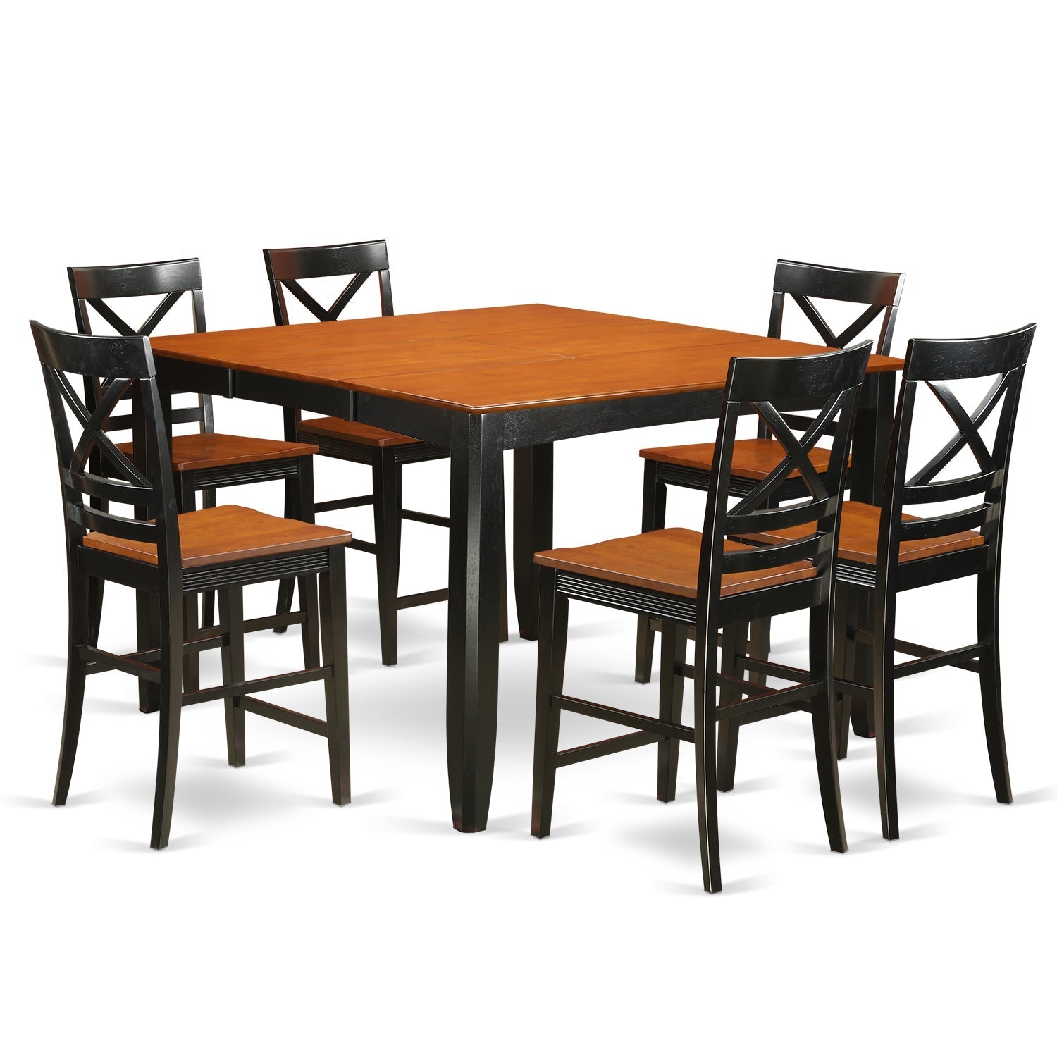 Juego de encimera de cocina de 7 piezas East West Furniture FAQU7H-BLK-W compuesto por una mesa de comedor cuadrada con pedestal y 6 sillas de comedor.