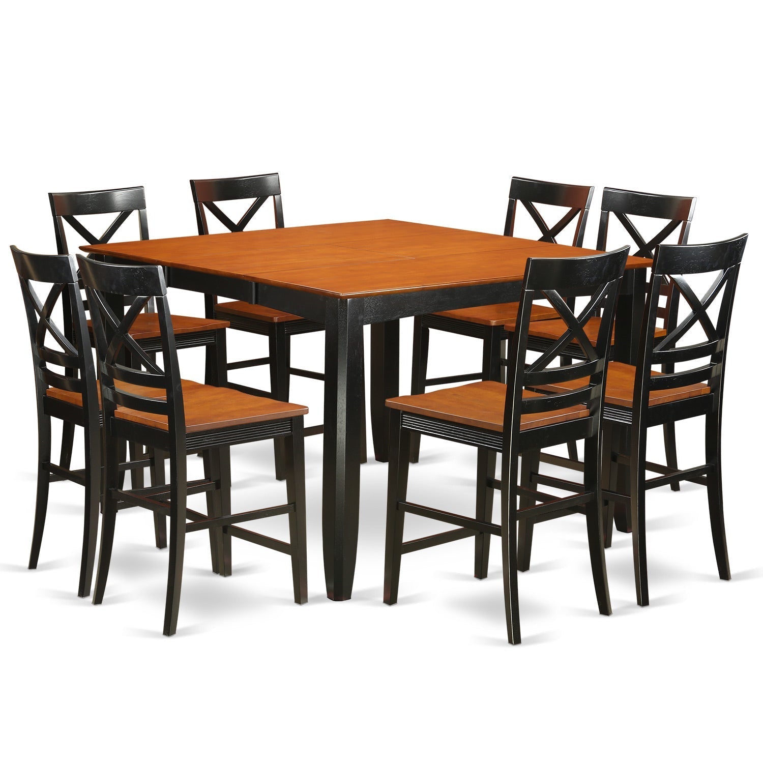 Juego de pub de 9 piezas con altura de mostrador FAQU9H-BLK-W de East West Furniture. Incluye una mesa de comedor cuadrada con pedestal y 8 sillas de comedor de cocina.