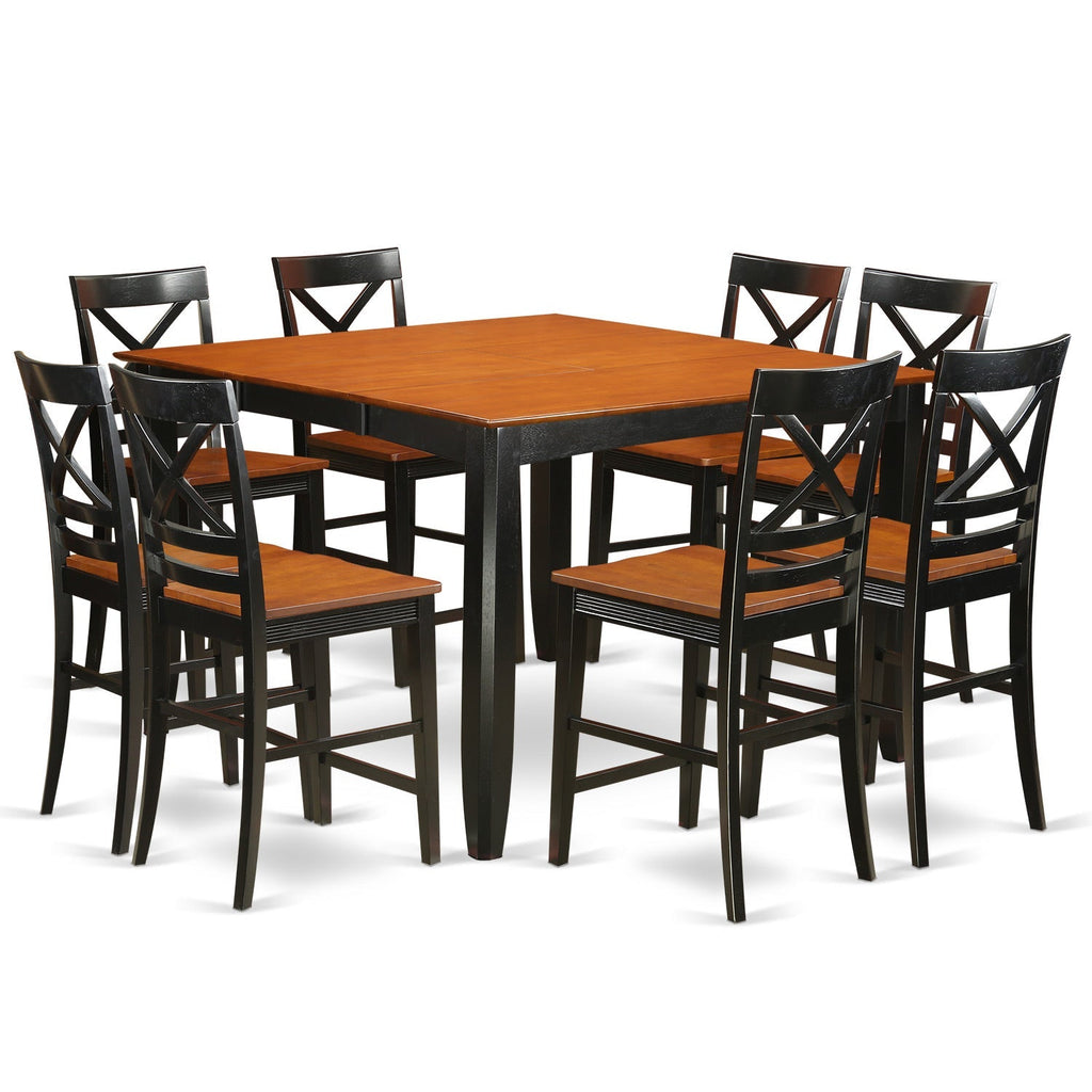 East West Furniture FAQU9H-BLK-W 9 Piece Counter Height Pub Set Includes a Square Dining Table with Pedestal and 8 Kitchen Dining Chairs
