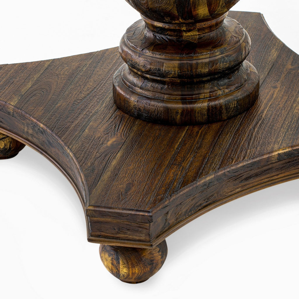 Juego de mesa de comedor de 7 piezas East West Furniture F2LA7-716 compuesto por una mesa de comedor redonda con pedestal y 6 sillas tapizadas en tela de lino color caqui oscuro.