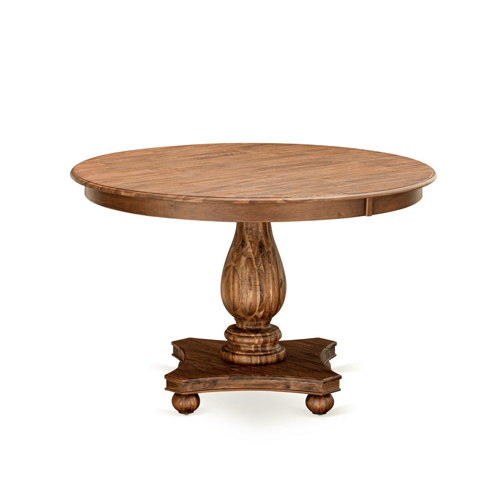 Juego de comedor de 7 piezas East West Furniture F2MZ7-N04 compuesto por una mesa de comedor redonda con pedestal y 6 sillas tapizadas en tela de lino color tostado claro.