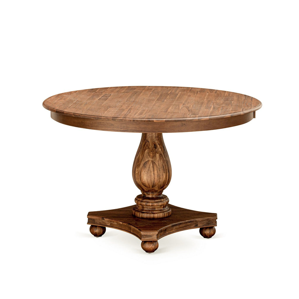 Juego de comedor de 7 piezas East West Furniture F2MZ7-N04 compuesto por una mesa de comedor redonda con pedestal y 6 sillas tapizadas en tela de lino color tostado claro.