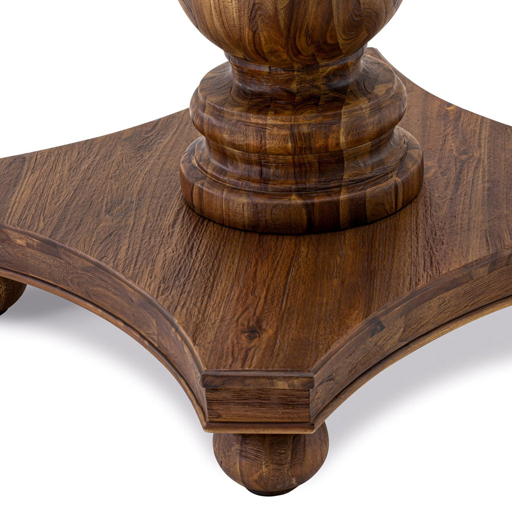 Juego de comedor de 7 piezas East West Furniture F2MZ7-N04 compuesto por una mesa de comedor redonda con pedestal y 6 sillas tapizadas en tela de lino color tostado claro.
