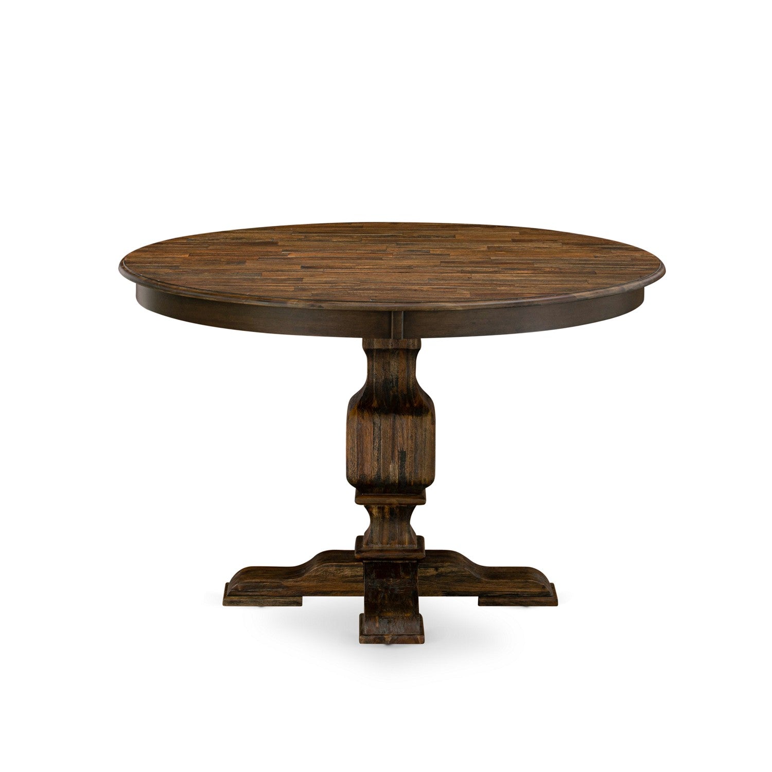East West Furniture F3MZ5-748 5-Pc Dining Set - Kitchen Pedestal Table and 4 Coffee Color Parson Padded Chairs with High Back - Distressed Jacobean Finish