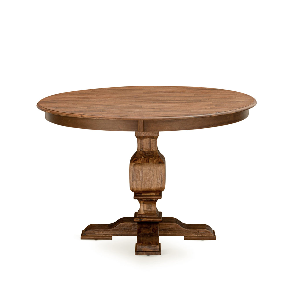 Juego de mesa de comedor de 5 piezas East West Furniture F3MZ5-NN-32 para 4 personas. Incluye una mesa redonda de madera con pedestal y 4 sillas Parson de tela de lino beige claro.