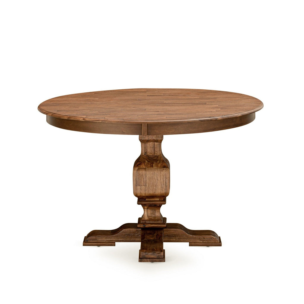 El juego de mesa de comedor moderno de 5 piezas East West Furniture F3MZ5-N04 incluye una mesa redonda de madera con pedestal y 4 sillas Parson tapizadas en tela de lino color tostado claro.