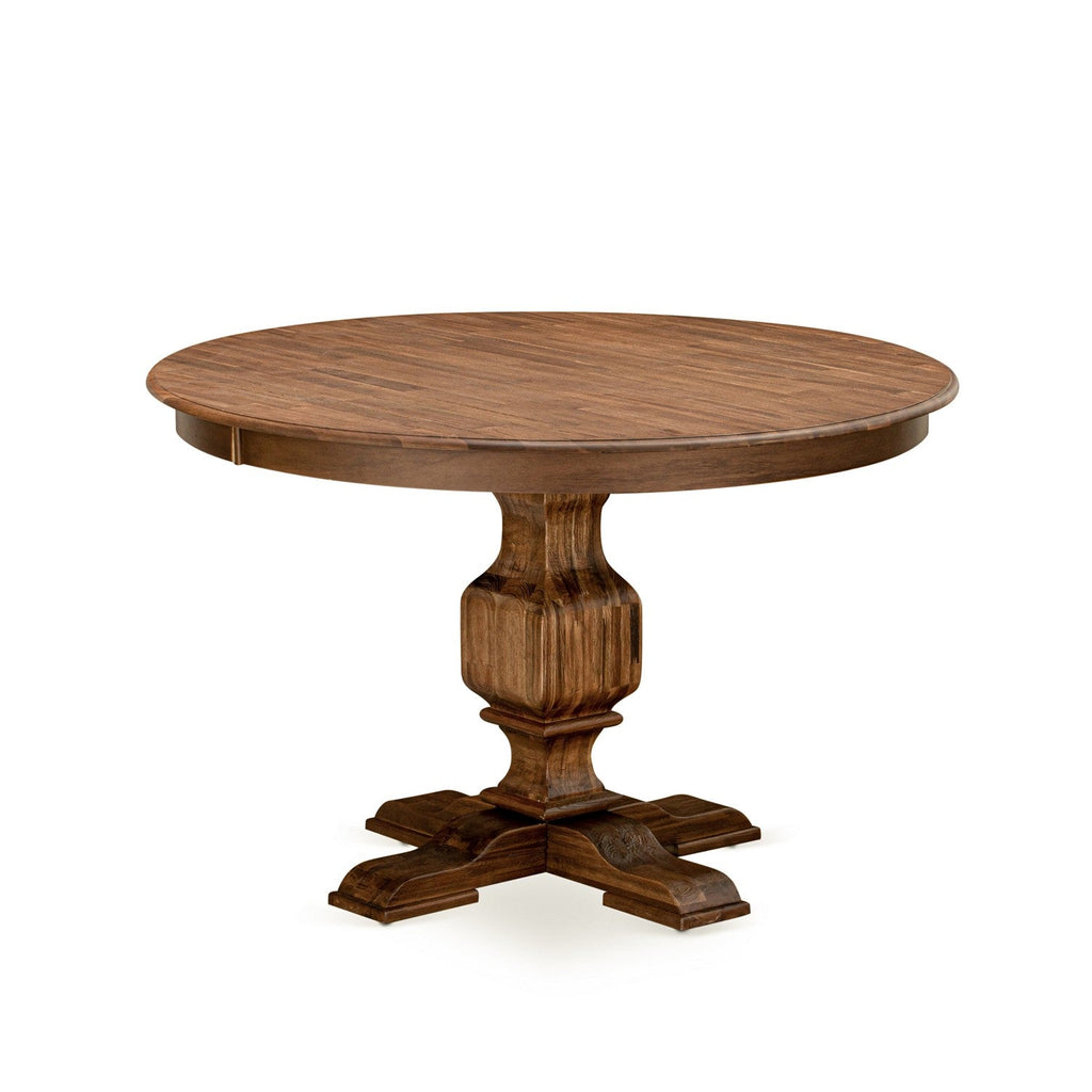 El juego de mesa de comedor moderno de 5 piezas East West Furniture F3MZ5-N04 incluye una mesa redonda de madera con pedestal y 4 sillas Parson tapizadas en tela de lino color tostado claro.
