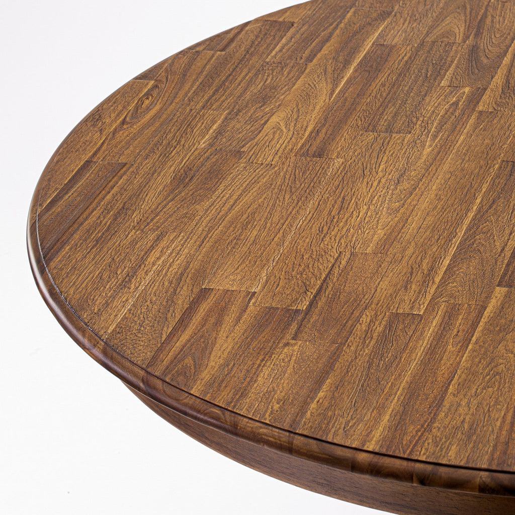 El juego de mesa de comedor moderno de 5 piezas East West Furniture F3MZ5-N04 incluye una mesa redonda de madera con pedestal y 4 sillas Parson tapizadas en tela de lino color tostado claro.