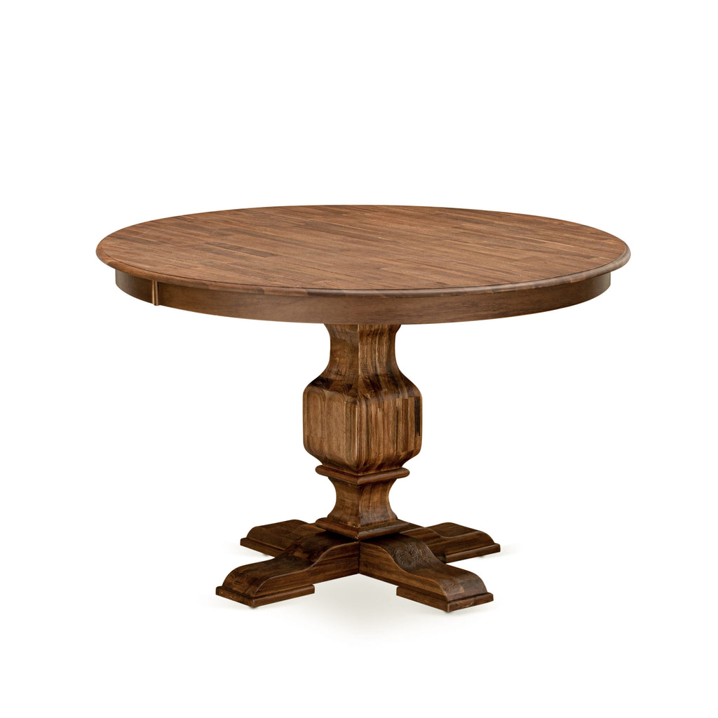 Juego de mesa de comedor de 5 piezas East West Furniture F3MZ5-NN-32 para 4 personas. Incluye una mesa redonda de madera con pedestal y 4 sillas Parson de tela de lino beige claro.