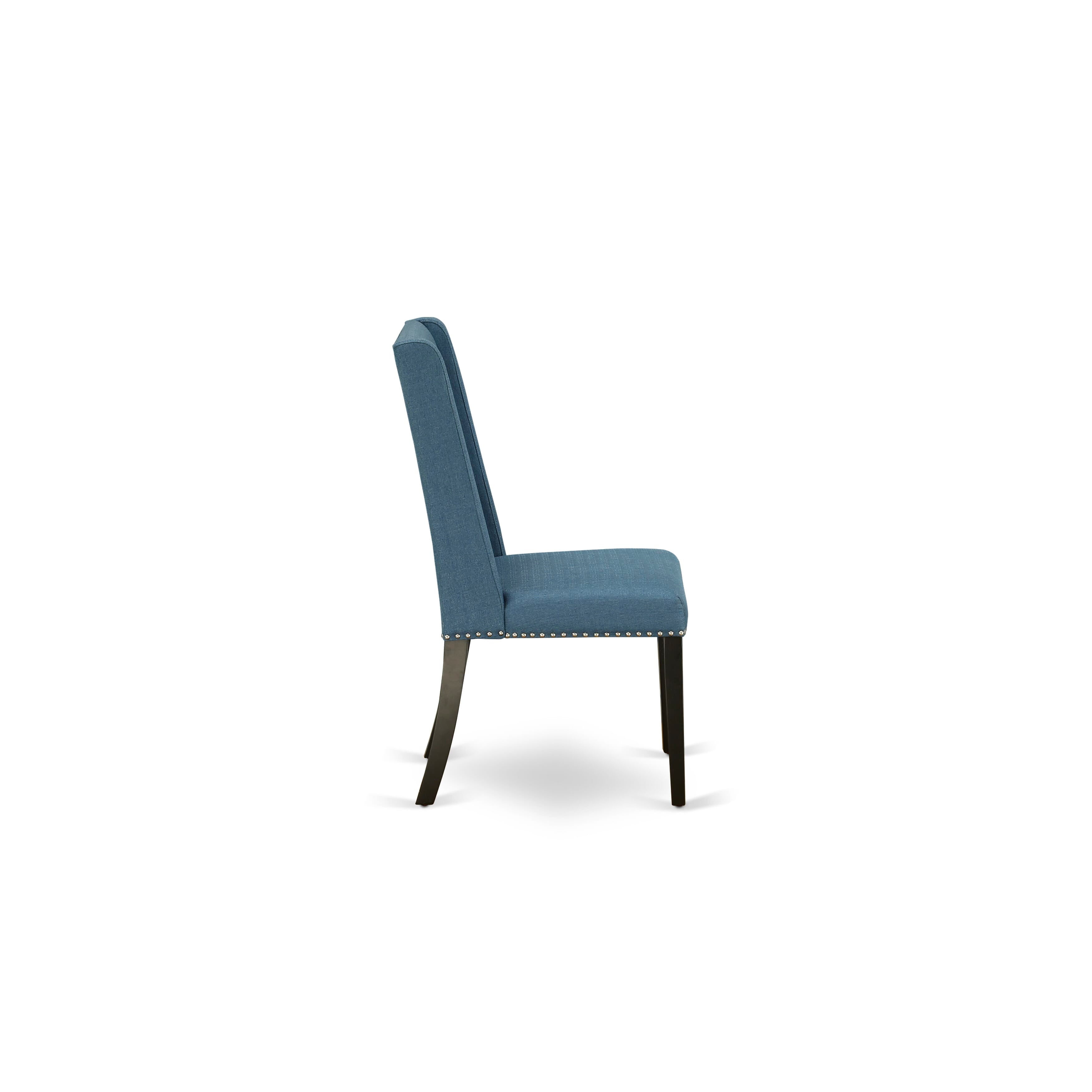 East West Furniture AMFL5-BCH-21 5-Piece Wooden Dining Set Consists of a Kitchen Dining Table and 4 Blue Linen Fabric Dining Room Chairs with High Back - Black Finish