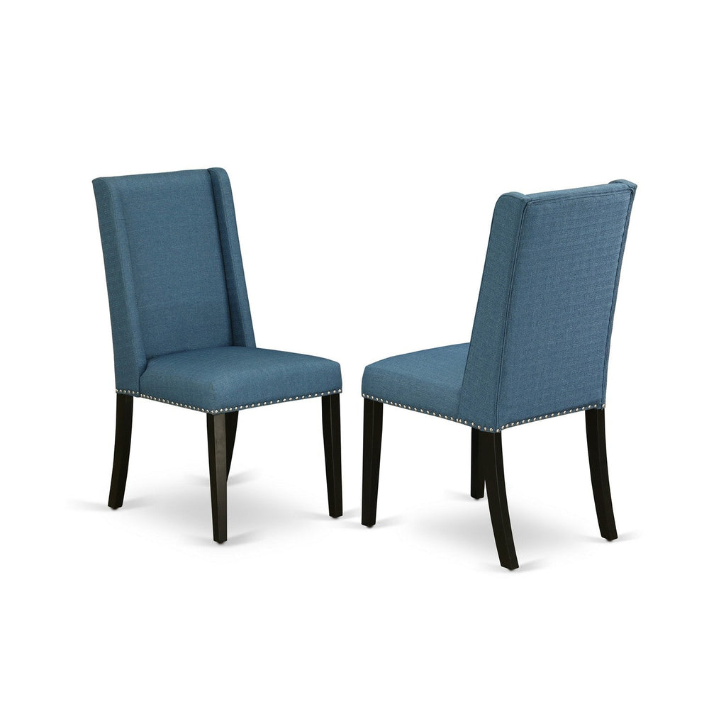 East West Furniture V697FL121-9 9 Piece Dining Table Set Includes a Rectangle Dining Room Table with V-Legs and 8 Blue Linen Fabric Parsons Chairs
