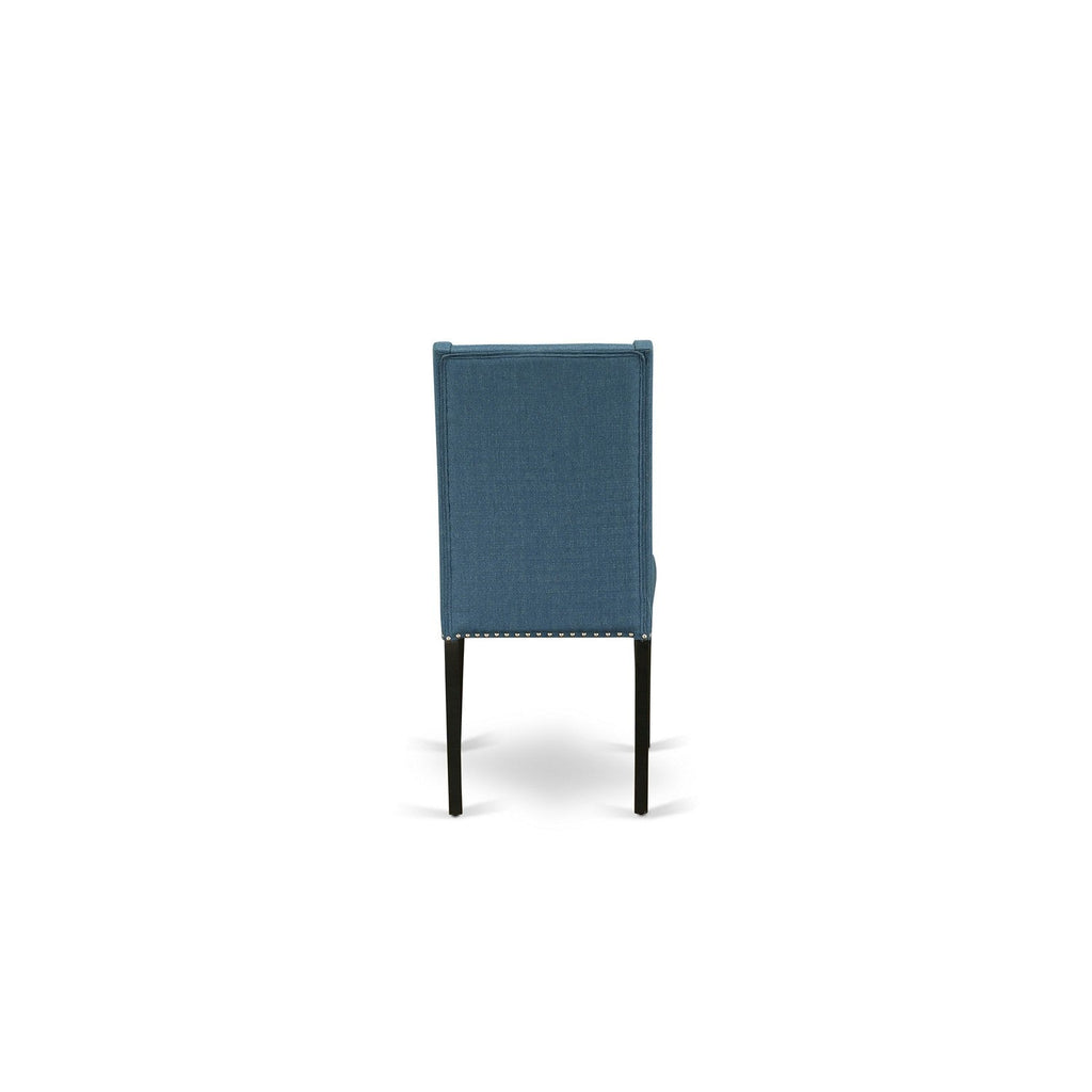 East West Furniture V677FL121-9 9 Piece Kitchen Table & Chairs Set Includes a Rectangle Dining Room Table with V-Legs and 8 Blue Linen Fabric Upholstered Chairs, 40x72 Inch, Multi-Color