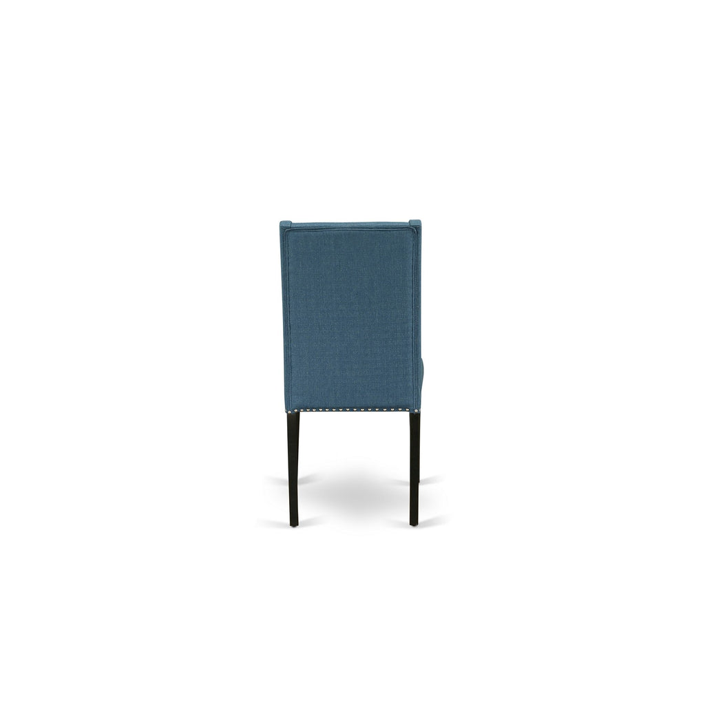 East West Furniture DLFL3-BLK-21 3 Piece Kitchen Table Set Contains a Round Dining Room Table with Dropleaf and 2 Blue Linen Fabric Upholstered Chairs, 42x42 Inch, Black