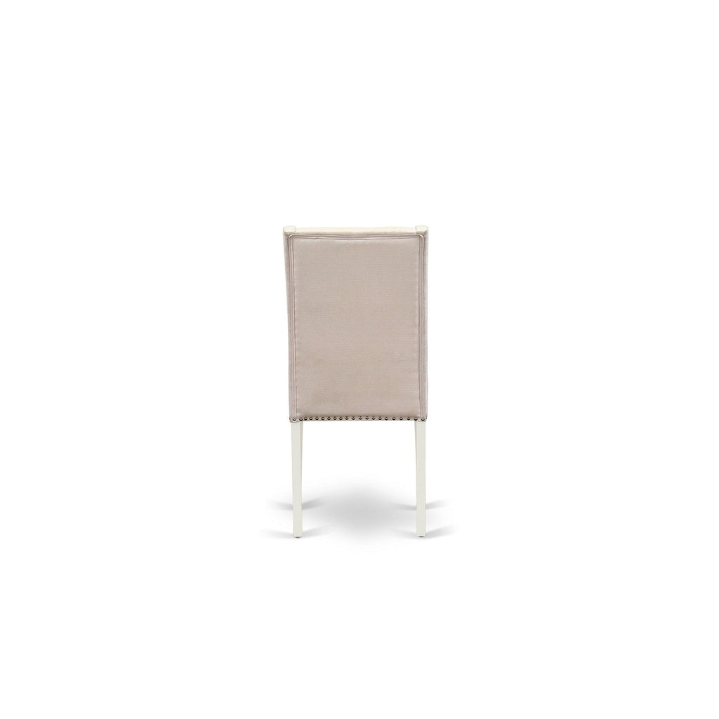 Juego de comedor de 7 piezas East West Furniture DOFL7-LWH-01 compuesto por una mesa rectangular de madera con diseño de hojas de mariposa y 6 sillas Parson de tela de lino color crema.