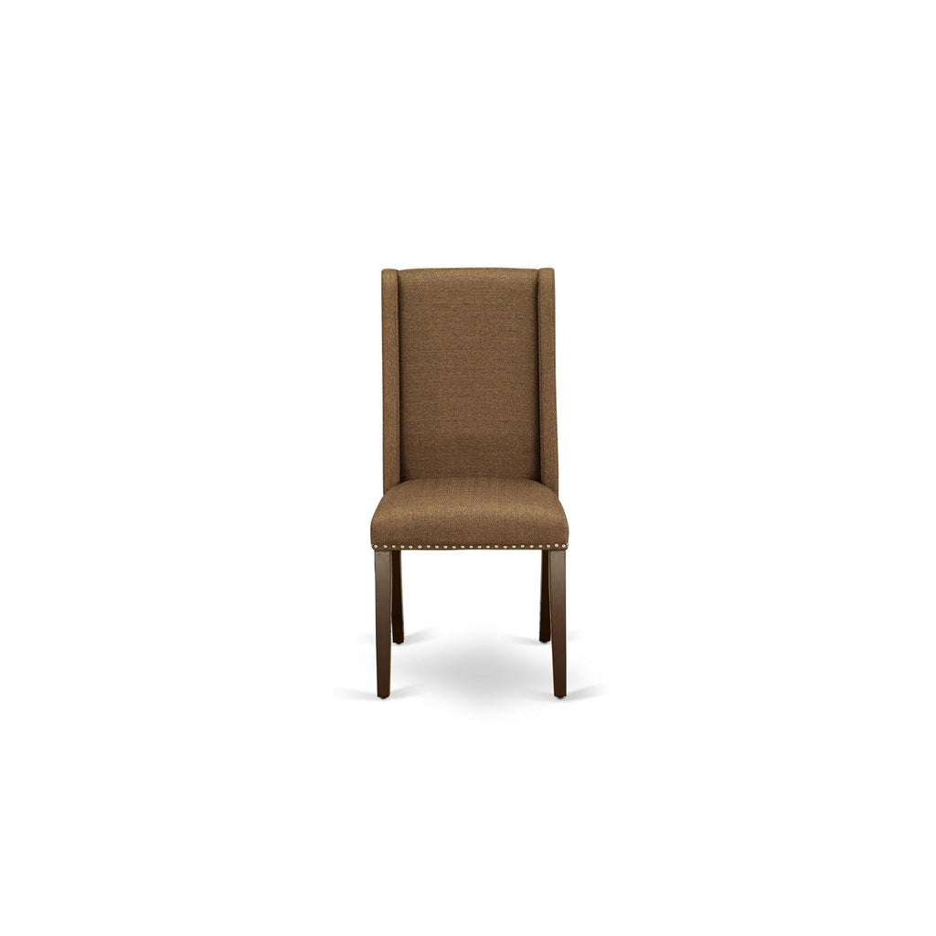 Juego de mesa de comedor de 7 piezas East West Furniture DOFL7-MAH-18 compuesto por una mesa rectangular con diseño de hojas de mariposa y 6 sillas Parson de tela de lino marrón.