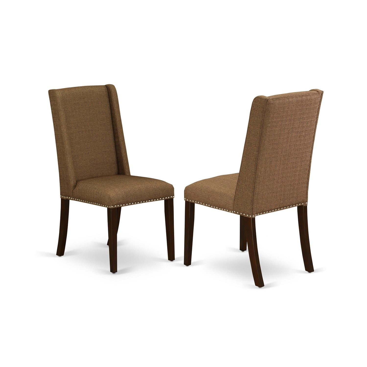 Juego de comedor de 3 piezas East West Furniture HLFL3-MAH-18. Incluye una mesa de comedor redonda con pedestal y dos sillas Parsons de tela de lino marrón.