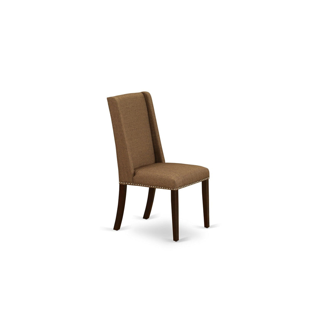 East West Furniture ESFL3-MAH-18 3 Piece Dining Room Furniture Set Contains a Round Dining Table with Pedestal and 2 Brown Linen Linen Fabric Upholstered Chairs