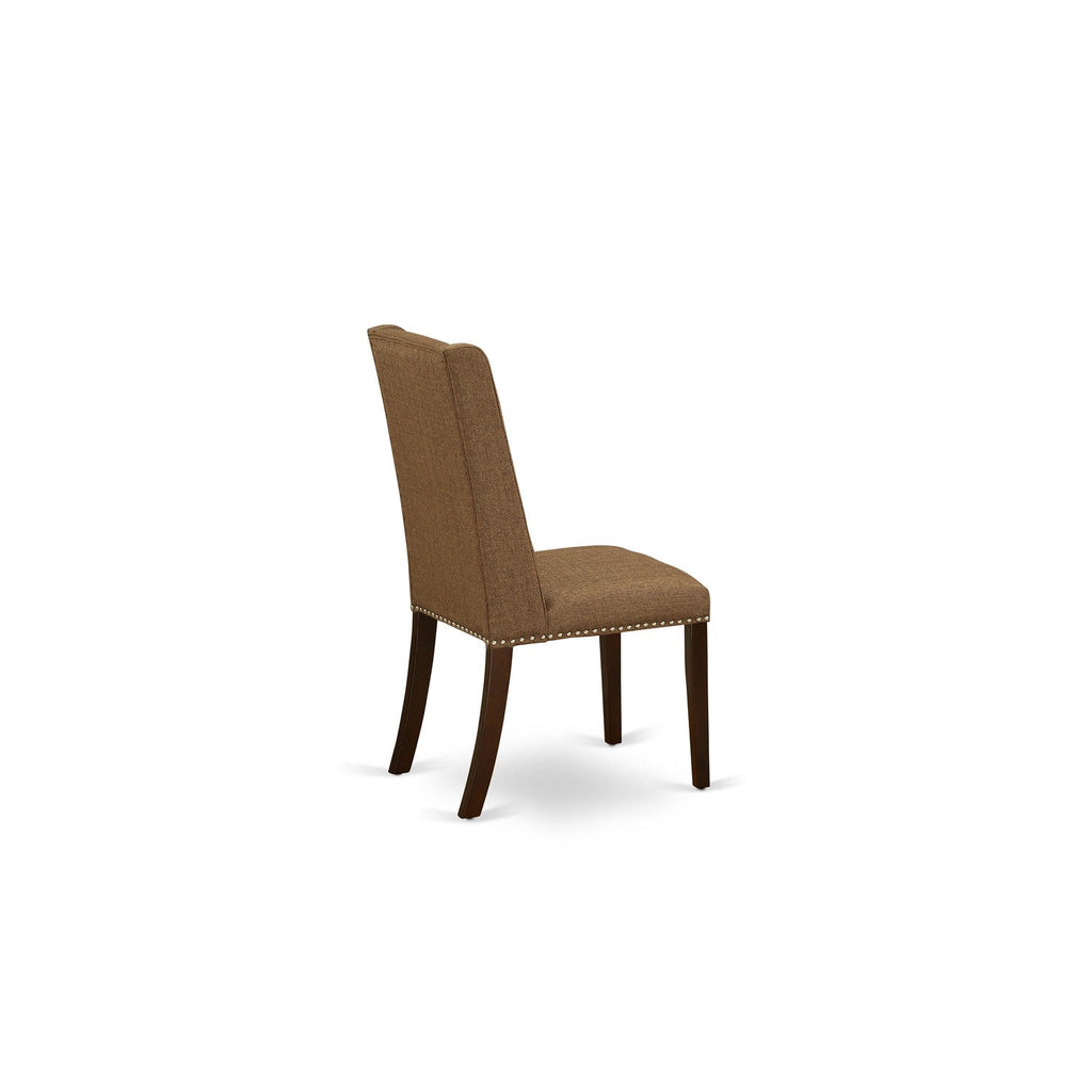 Juego de mesa de comedor de 7 piezas East West Furniture DOFL7-MAH-18 compuesto por una mesa rectangular con diseño de hojas de mariposa y 6 sillas Parson de tela de lino marrón.