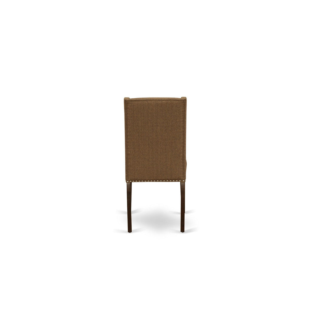 Juego de mesa de comedor de 7 piezas East West Furniture DOFL7-MAH-18 compuesto por una mesa rectangular con diseño de hojas de mariposa y 6 sillas Parson de tela de lino marrón.