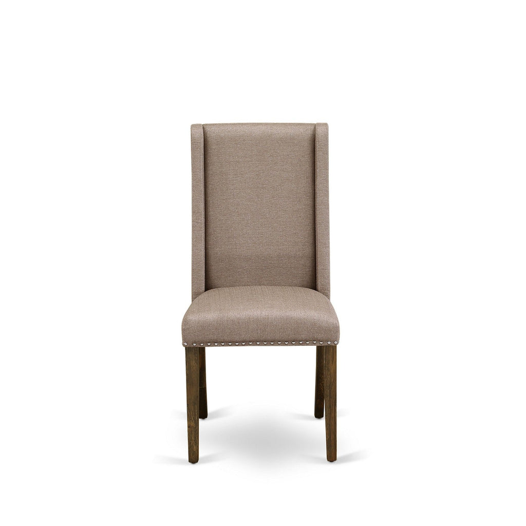 East West Furniture I3FL7-716 7 Piece Dining Table Set Consist of a Round Wooden Table with Pedestal and 6 Dark Khaki Linen Fabric Parson Chairs