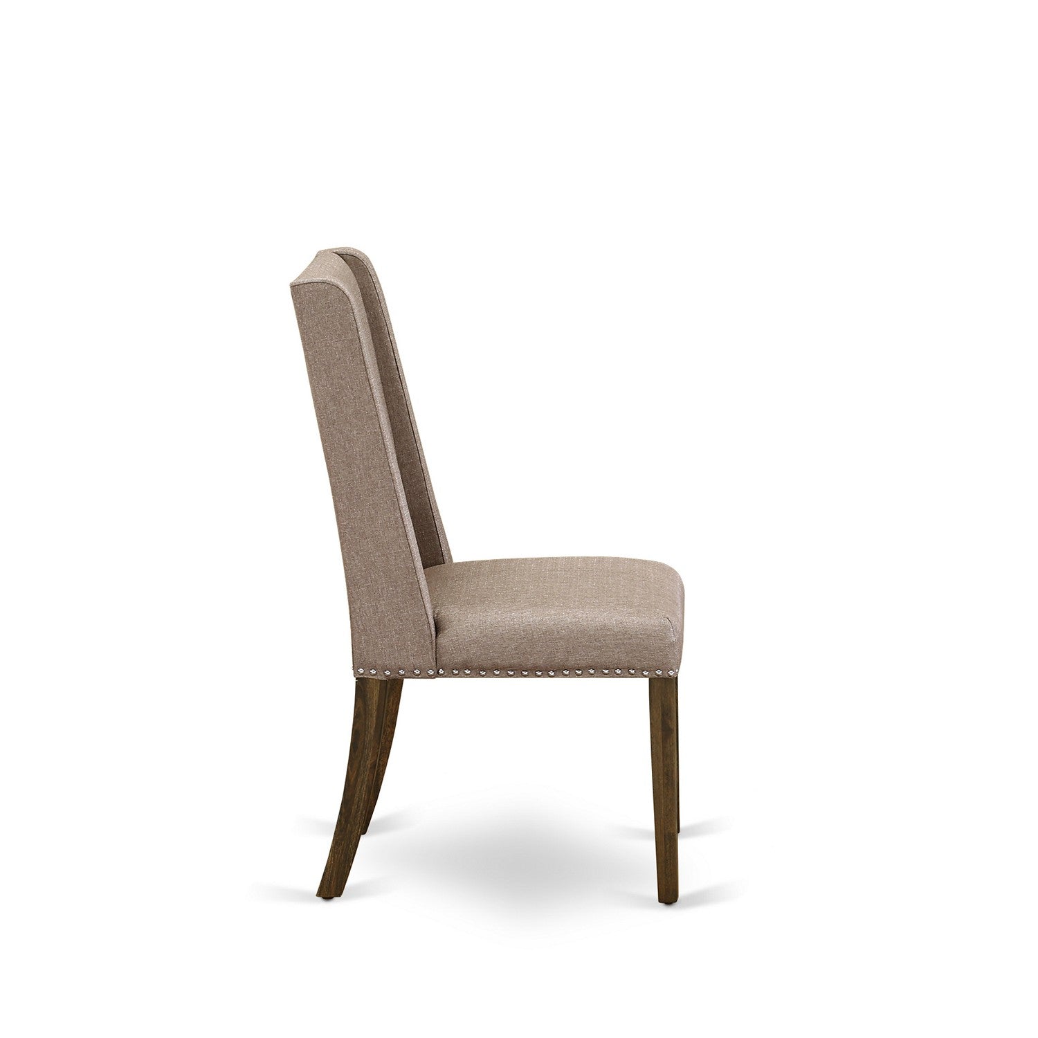 Juego de comedor de 6 piezas East West Furniture V796FL716-6. Contiene una mesa de comedor rectangular con patas en V y 4 sillas Parson de tela de lino color caqui oscuro con un banco.