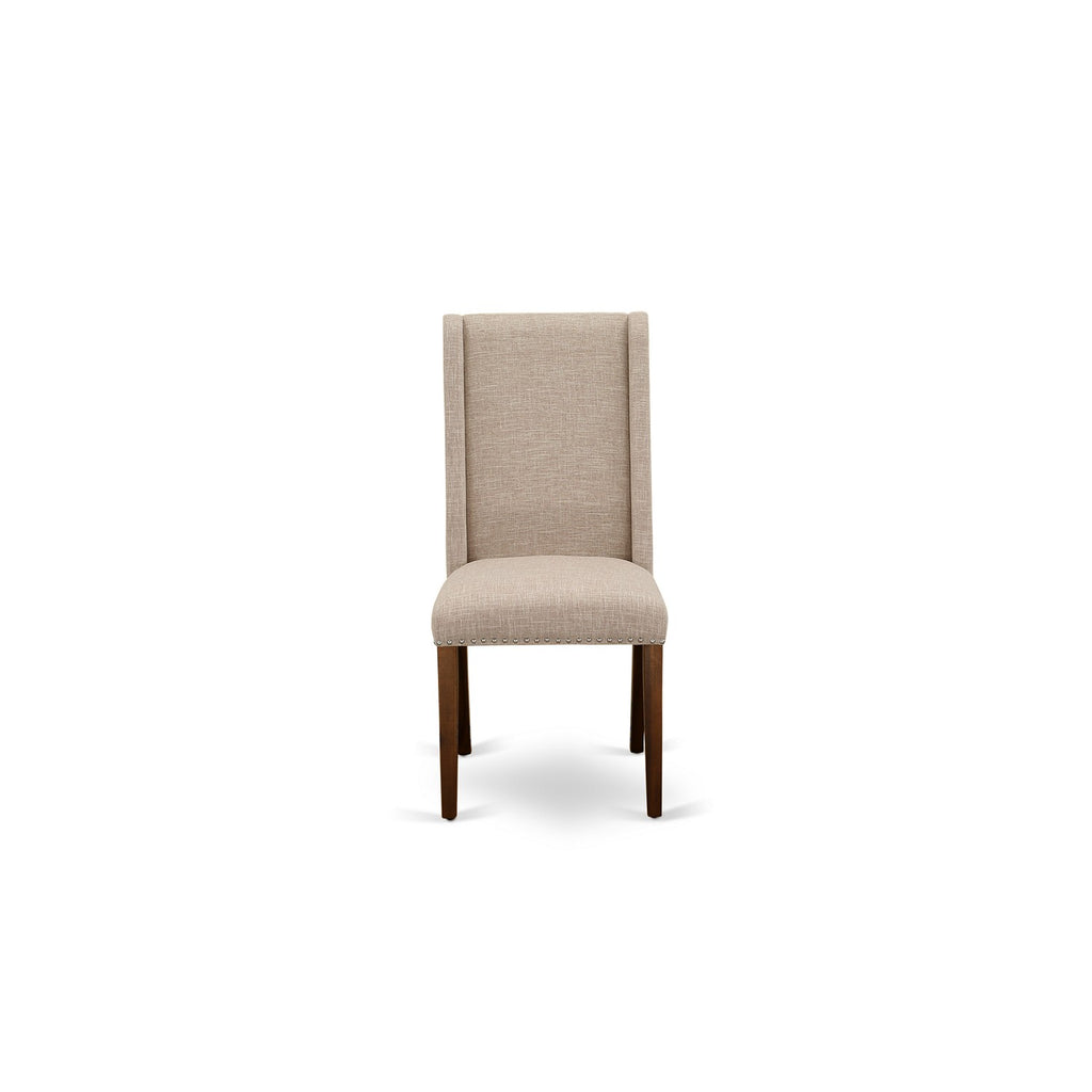 El juego de comedor de 5 piezas East West Furniture DLFL5-ANA-04 incluye una mesa de comedor redonda con alas abatibles y 4 sillas Parsons de tela de lino color tostado claro.