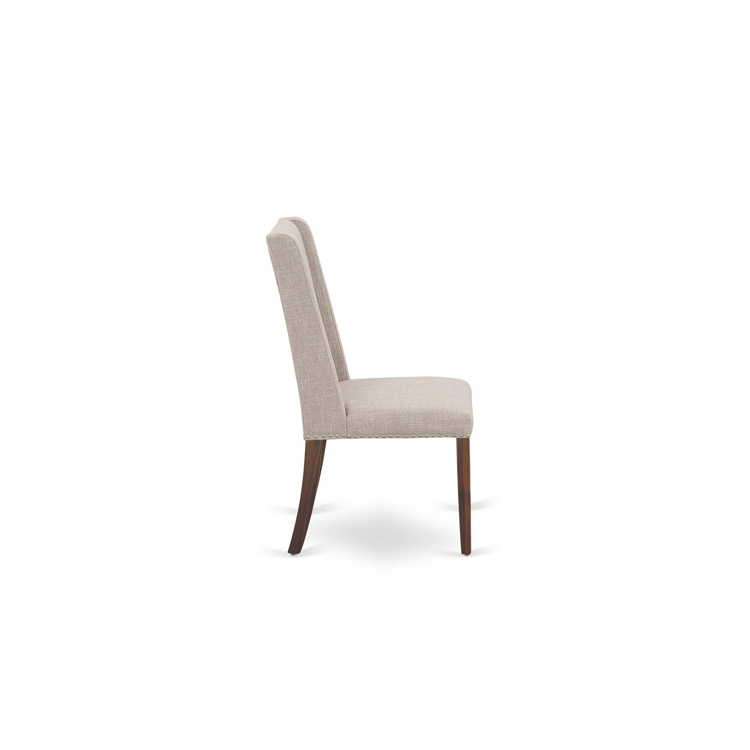Juego de mesa de comedor de 7 piezas East West Furniture LAFL7-78-04 compuesto por una mesa rectangular de madera con hojas de mariposa y 6 sillas tapizadas en tela de lino color tostado claro.