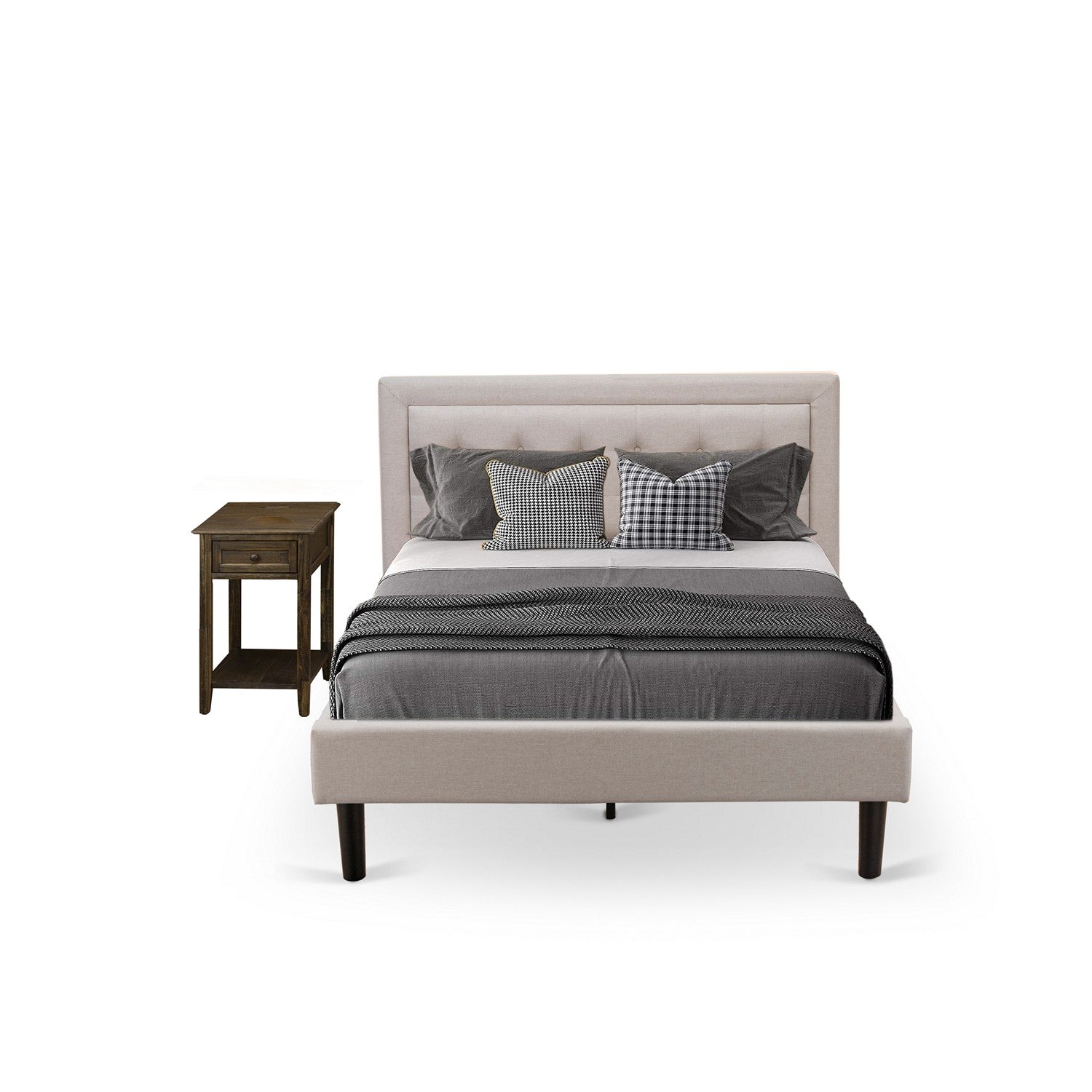 East West Furniture FN08F-1DE07 2-Piece Fannin Bedroom Furniture Set with 1 Full Bed Frame and a Bedroom Nightstand - Reliable and Sturdy Construction - Mist Beige Linen Fabric