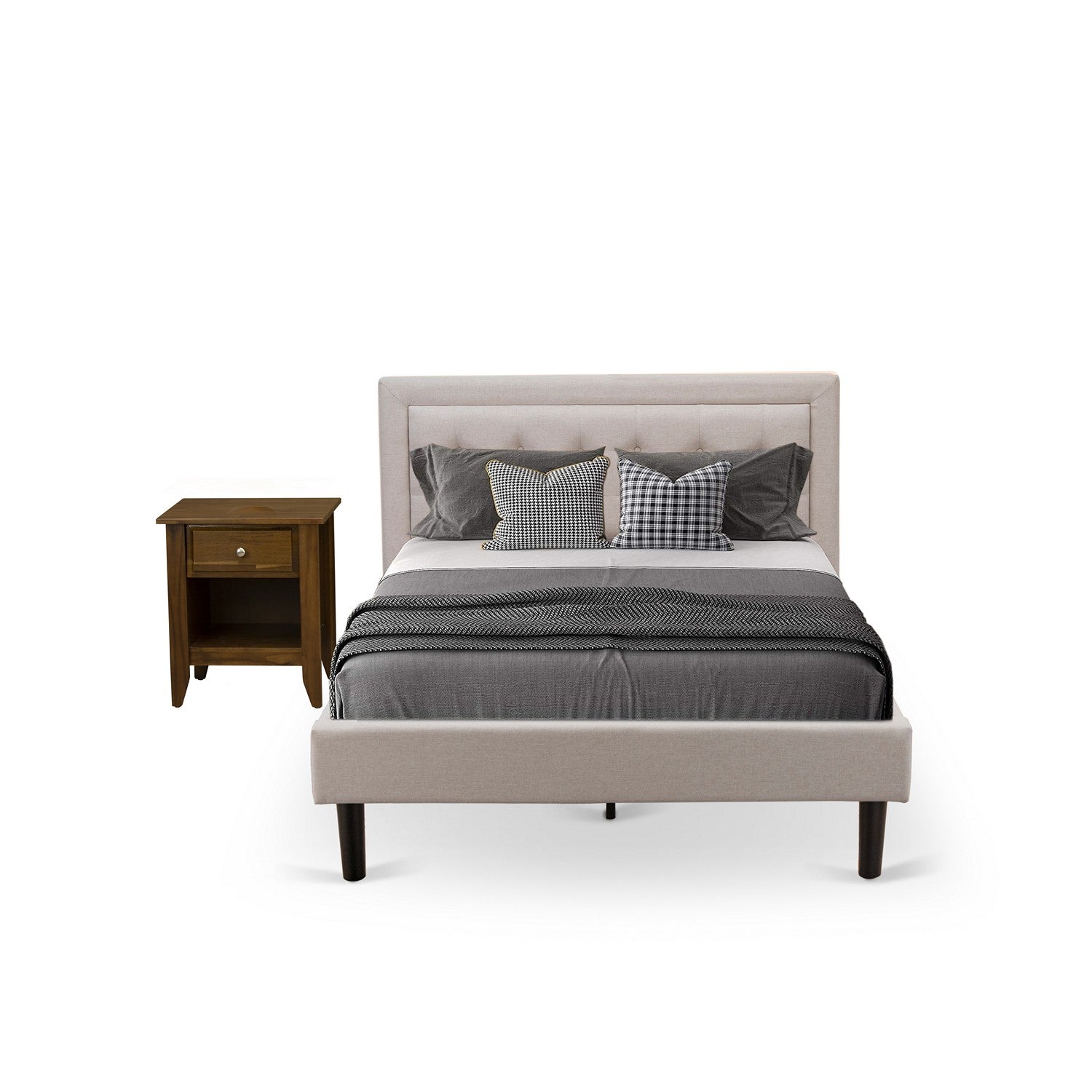 East West Furniture FN08F-1GA08 2-Pc Platform Full Size Bed Set with 1 Wood Bed Frame and a Wood Nightstand - Mist Beige Linen Fabric