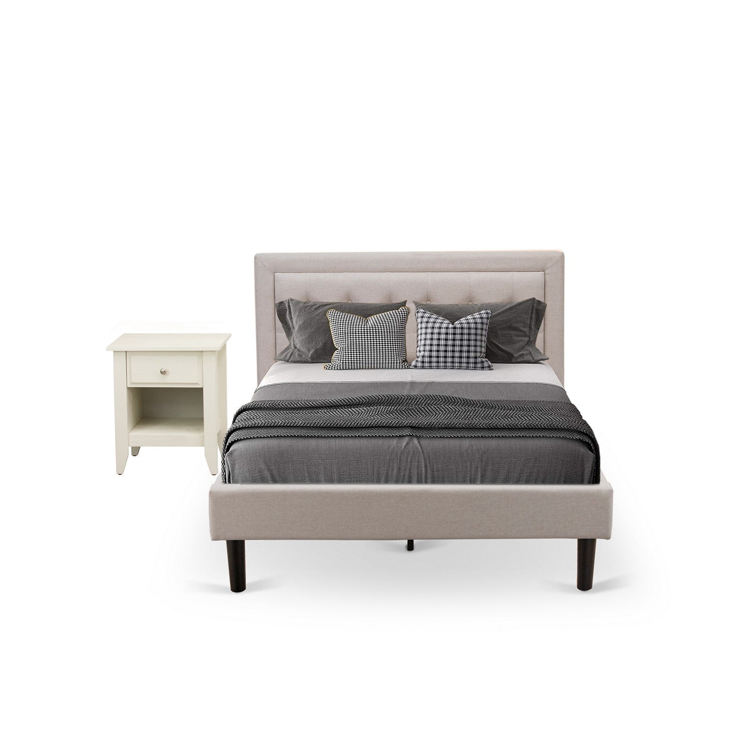 East West Furniture FN08F-1GA0C 2-Pc Fannin Bed Set with 1 Platform Bed and a Night Stand for Bedrooms - Reliable and Durable Manufacturing - Mist Beige Linen Fabric