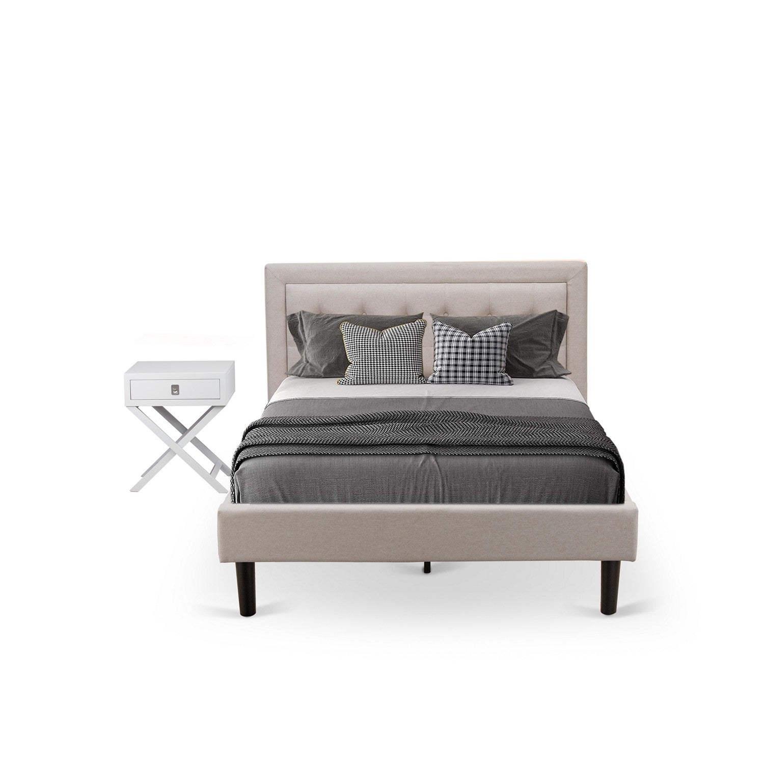 East West Furniture FN08F-1HAE0 2-Pc Fannin Wooden Set for Bedroom with 1 Upholstered Bed and a Small Nightstand - Reliable and Durable Manufacturing - Mist Beige Linen Fabric