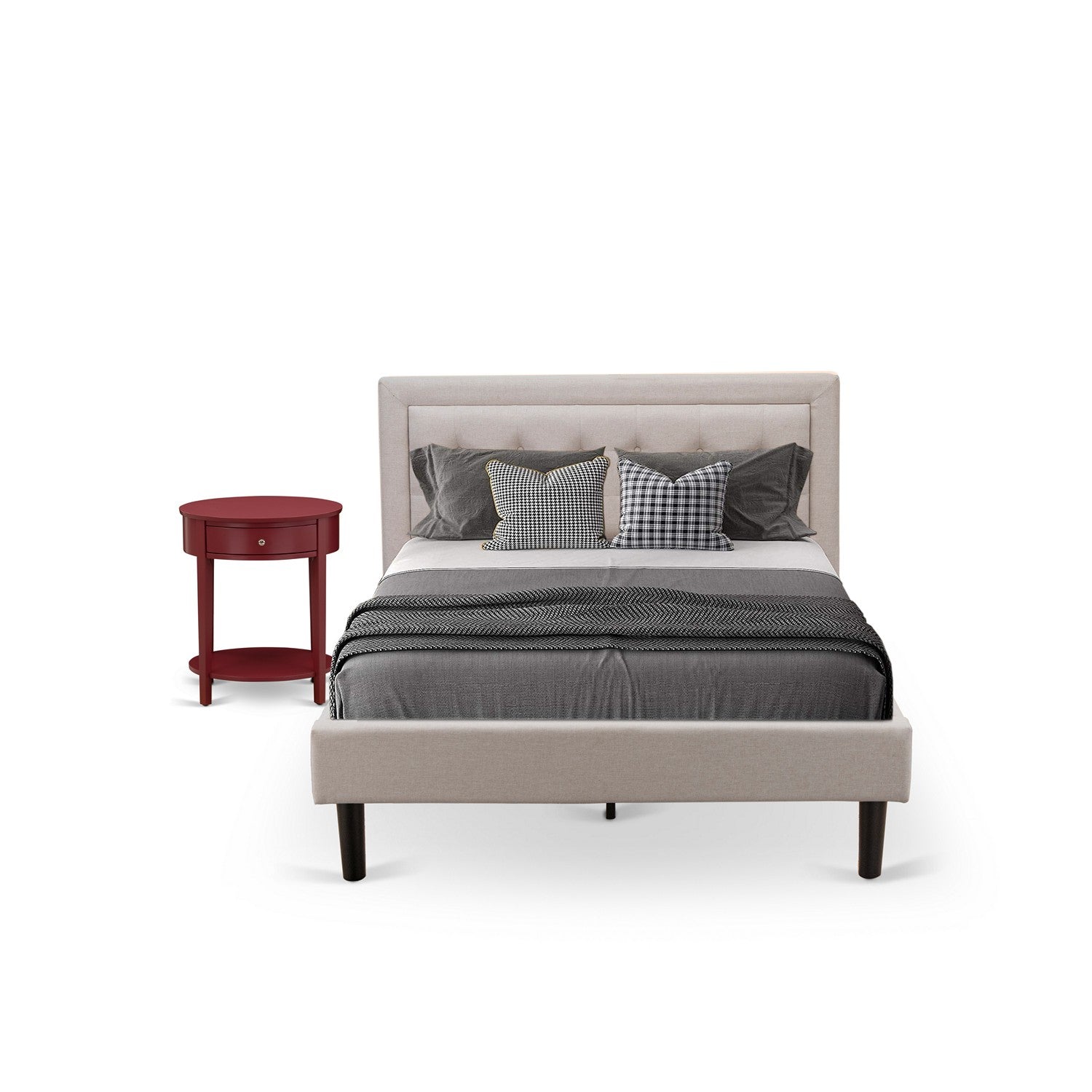 East West Furniture FN08F-1HI13 2-Piece Platform Full Size Bed Set with 1 Platform Bed and a Bedroom Nightstand - Mist Beige Linen Fabric