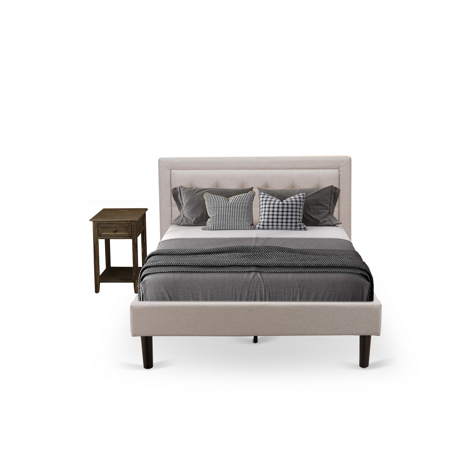 East West Furniture FN08F-1VL07 2-Piece Fannin Full Size Bedroom Set with 1 Mid Century Bed and a Mid Century Modern Nightstand - Reliable and Sturdy Construction - Mist Beige Linen Fabric