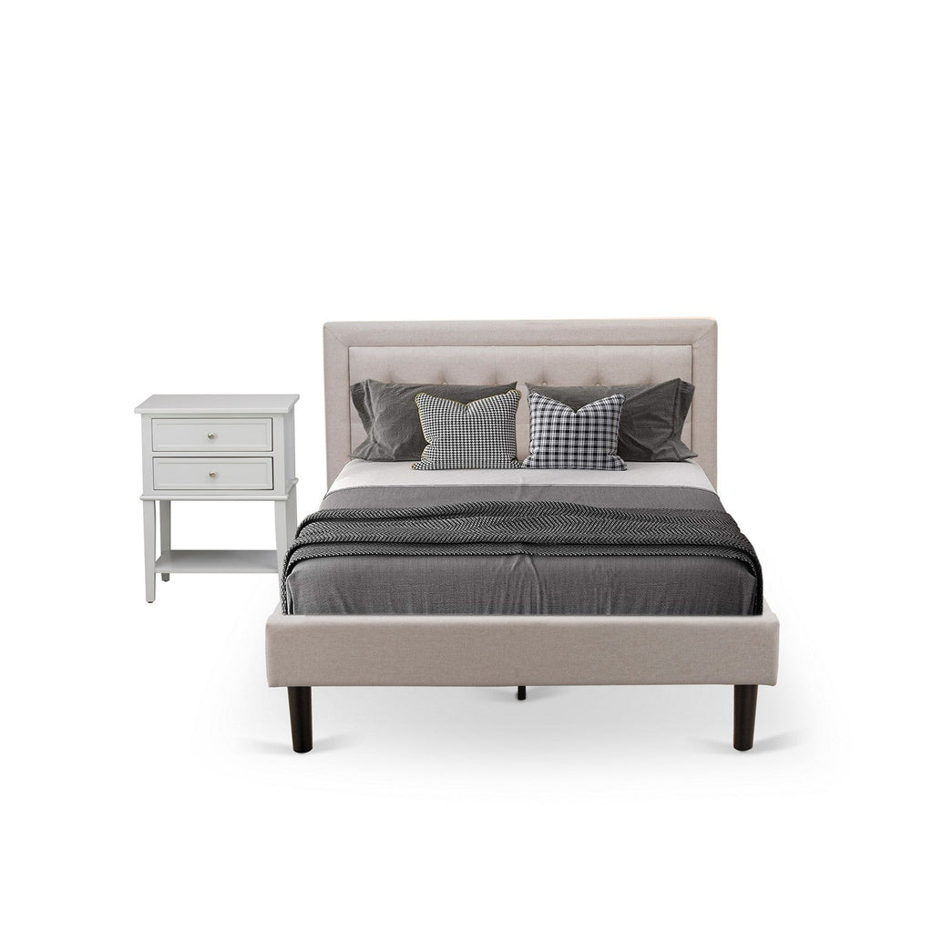 FN08F-1VL14 2-Pc Platform Bedroom Set with 1 Full Size Bed Frame and a Night Stand - Reliable and Durable Manufacturing - Mist Beige Linen Fabric