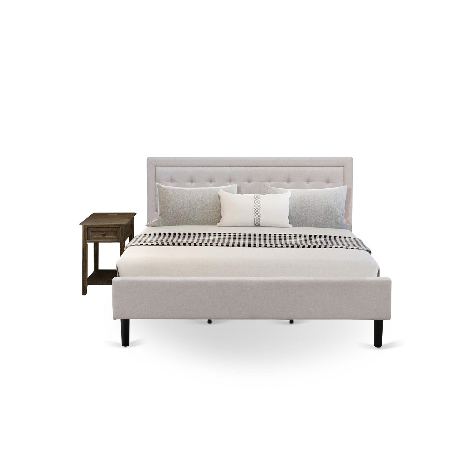 Juego de dormitorio de 2 piezas East West Furniture FN08K-1DE07 con plataforma King, cama con plataforma y mesita de noche - Fabricación robusta y confiable - Tela de lino beige niebla