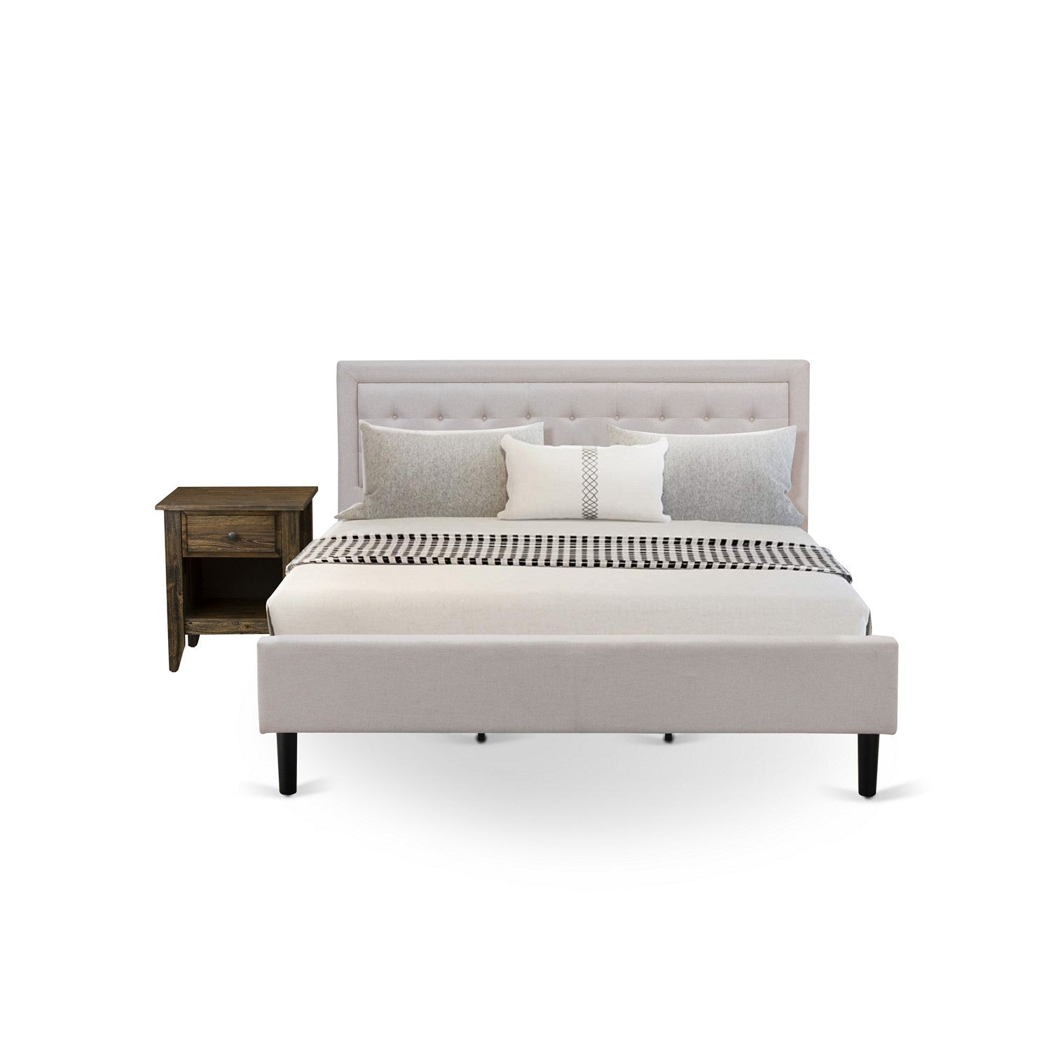FN08K-1GA07 Juego de dormitorio de 2 piezas con plataforma de madera, con 1 cama King y 1 mesa auxiliar - Construcción fiable y duradera - Tela de lino beige niebla