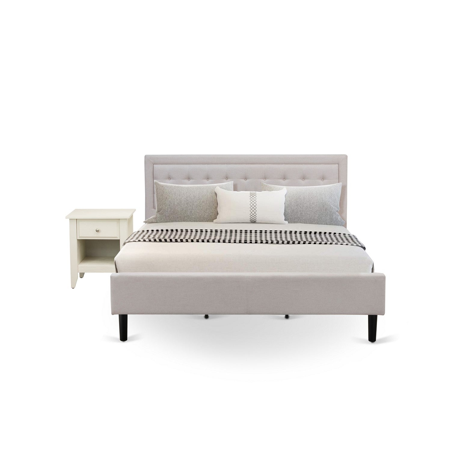 FN08K-1GA0C Juego de dormitorio de 2 piezas con plataforma King, cama y mesa auxiliar de nogal antiguo - Fabricación confiable y robusta - Cama de tela de lino beige niebla