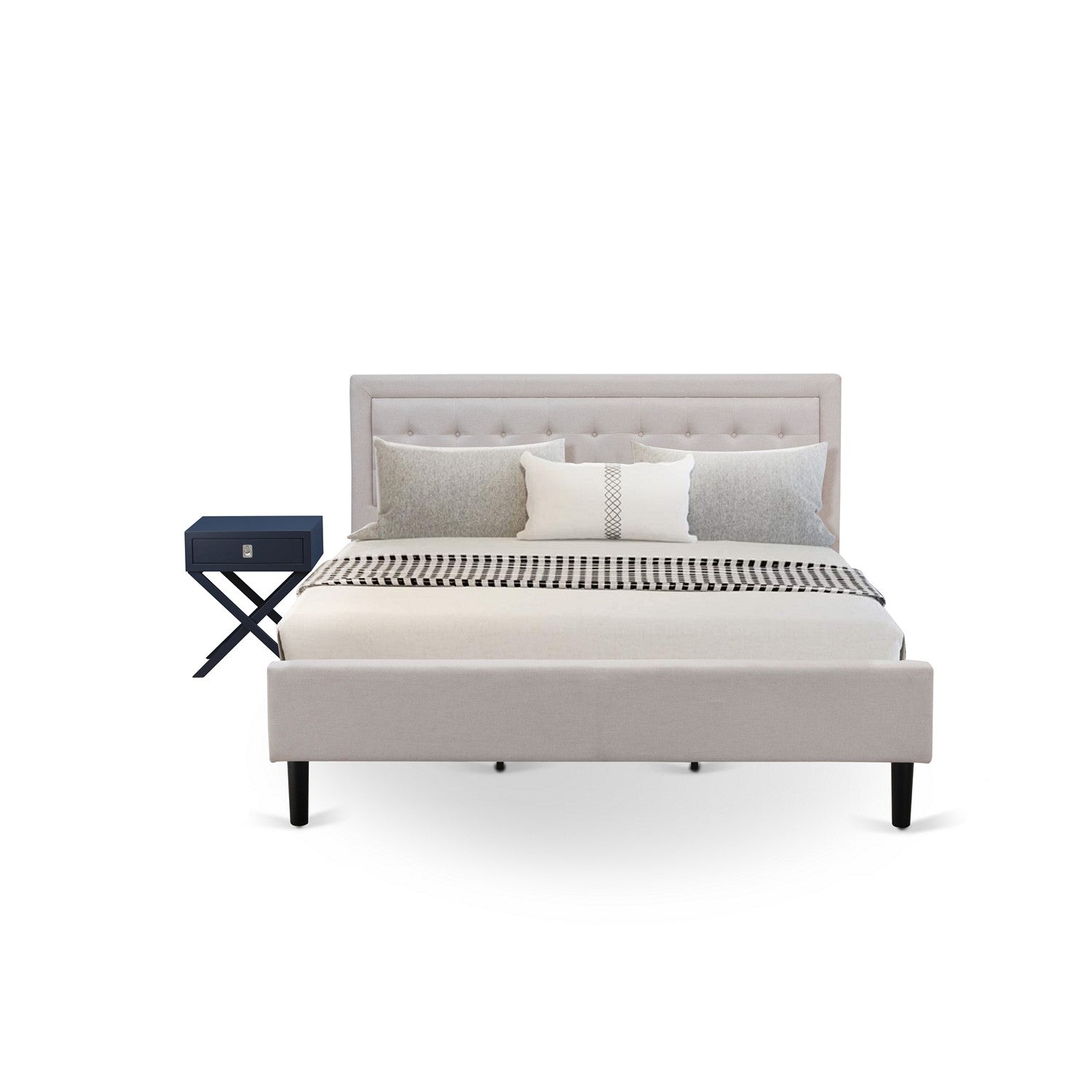 Juego de dormitorio Fannin de 2 piezas FN08K-1HAE0 de East West Furniture con cama tamaño king y mesita de noche moderna blanca. Construcción confiable y duradera. Cama de tela de lino beige niebla.