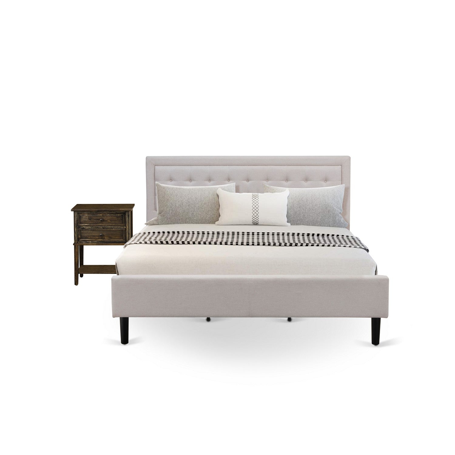 FN08K-1VL07 Juego de dormitorio Fannin de 2 piezas con cama tamaño king y mesa auxiliar - Construcción robusta y confiable - Tela de lino beige niebla