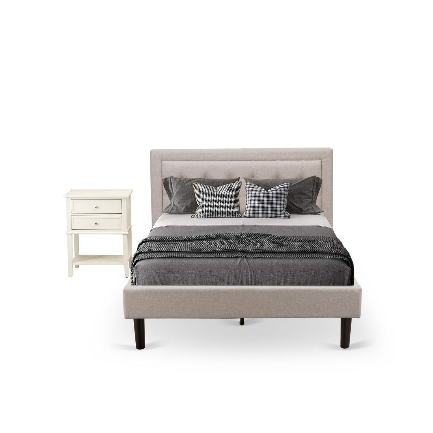 Juego de dormitorio Fannin King de 2 piezas FN08K-1VL0C con cama de plataforma y mesita de noche pequeña - Construcción confiable y duradera - Tela de lino beige niebla